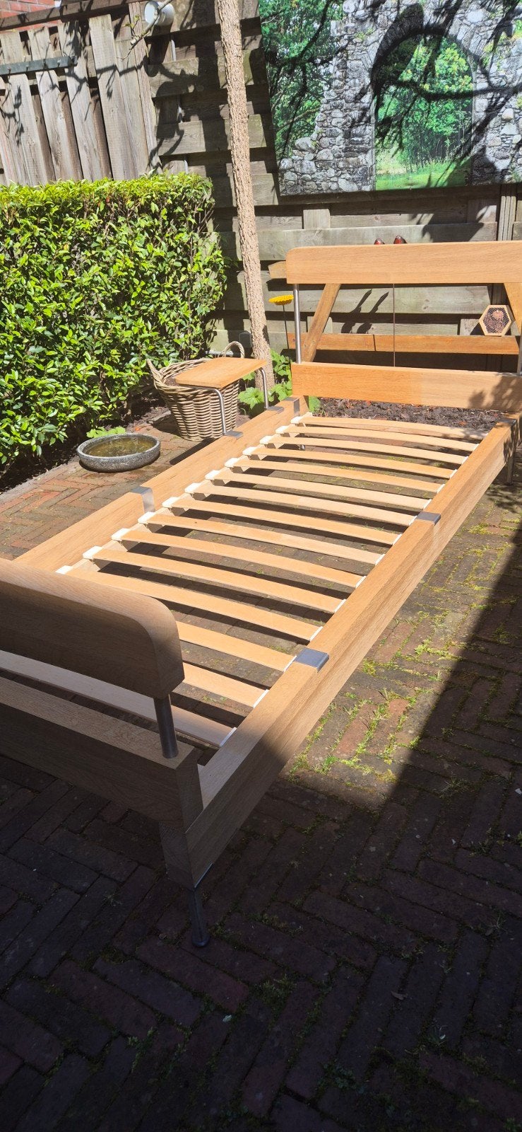 leuk eenpersoons bed 80x200cm, eiken met rvs, Ophalen, Eenpersoons, Bruin, Zo goed als nieuw