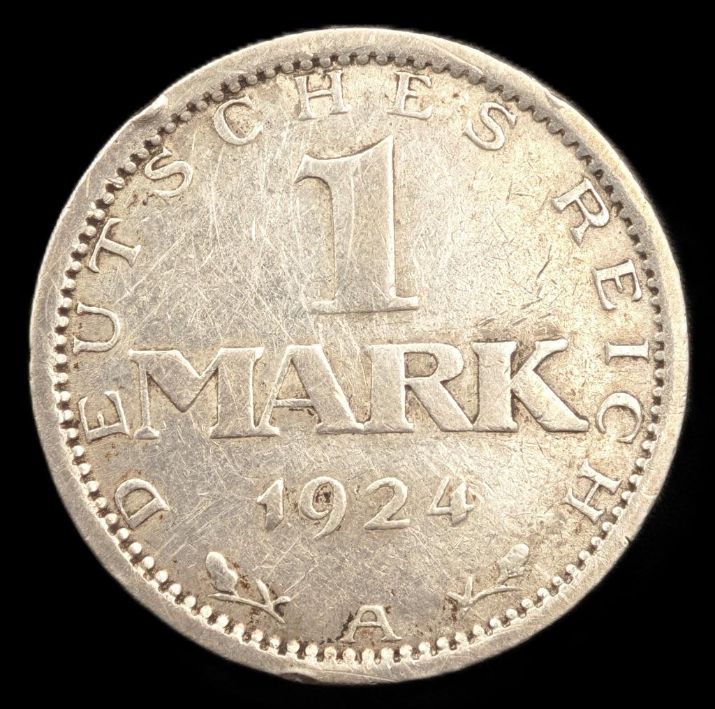 1924 1 Mark Weimar Republiek, Postzegels en Munten, Verzenden, Duitsland, Losse munt, Zilver