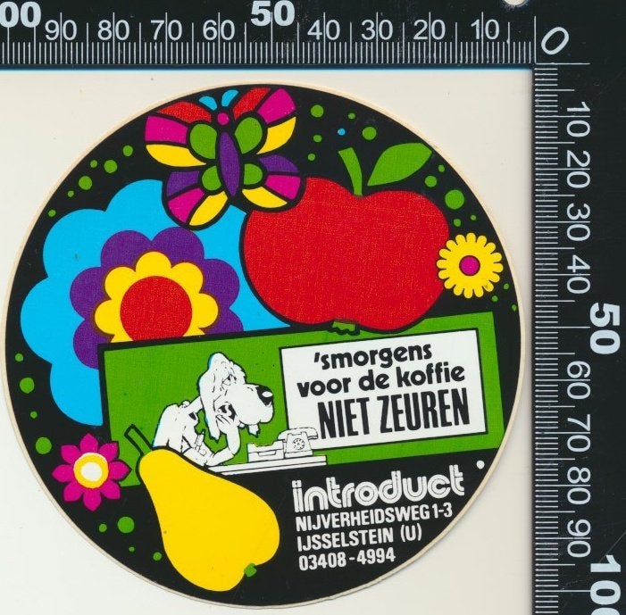 Sticker: Introduct - sMorgens voor de koffie niet zeuren, Ophalen of Verzenden, Zo goed als nieuw, Bedrijf of Vereniging
