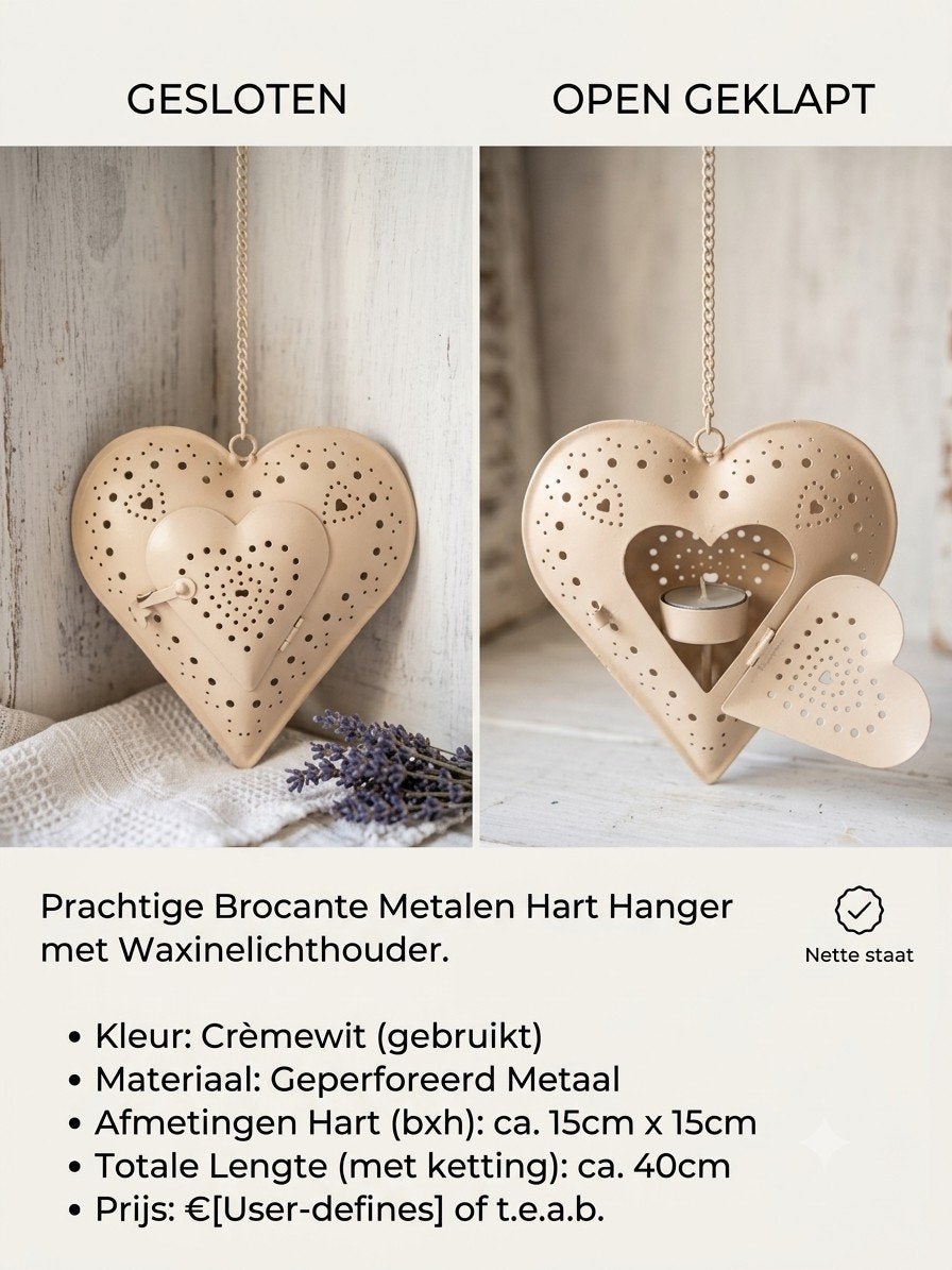 Brocante Metalen Hart Hanger met Waxinelichthouder, Gebruikt, Waxinelichthouder, Ophalen of Verzenden, Crème