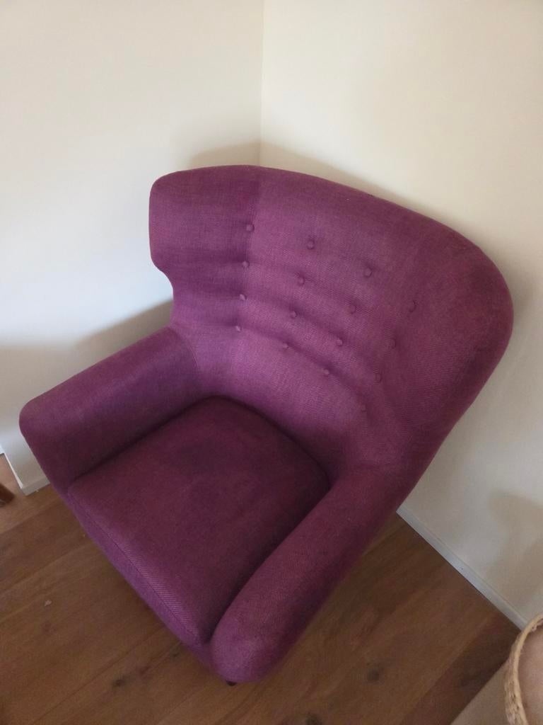 Deense Design Stoel - Paarse Stof, Huis en Inrichting, Fauteuils, Deens Design, Scandinavisch, Gebruikt, 75 tot 100 cm, Ophalen of Verzenden