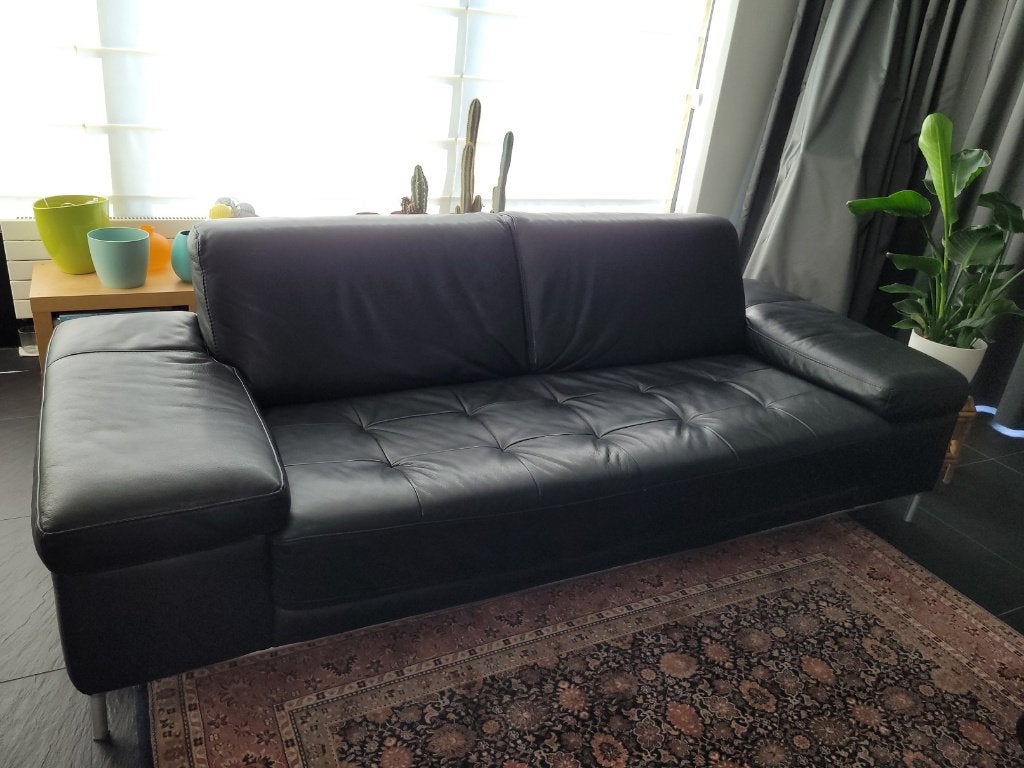 Montel design bank 3 zits zwart leder 238 cm, Ophalen, Driepersoons, Zo goed als nieuw, Rechte bank
