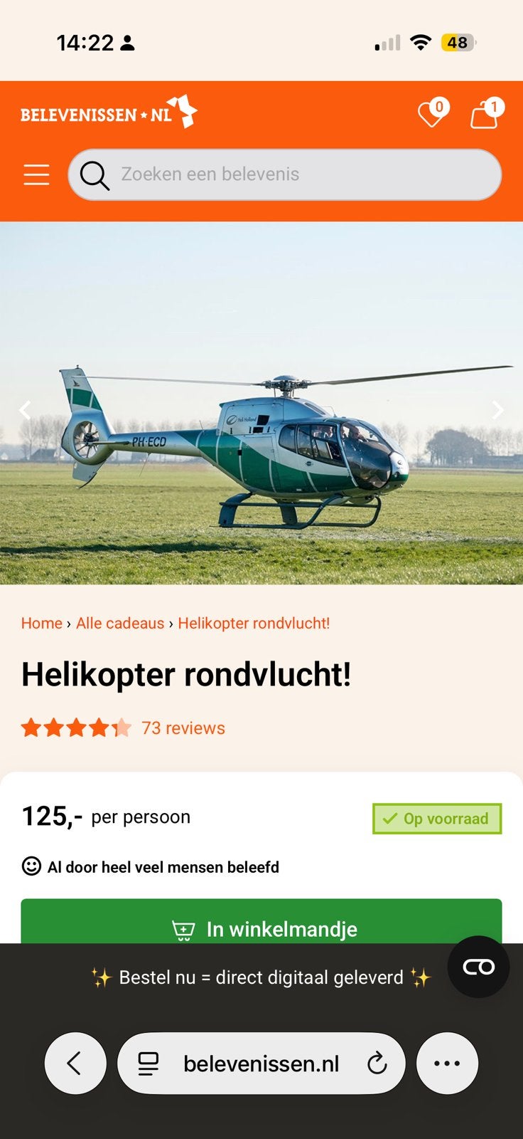 Cadeaubon / voucher helikoptervlucht, Eén persoon