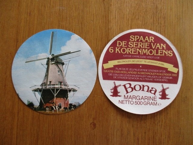 Bona margarine molen stickers 10 cm, 6 verschillende, Ophalen of Verzenden, Zo goed als nieuw, Bedrijf of Vereniging