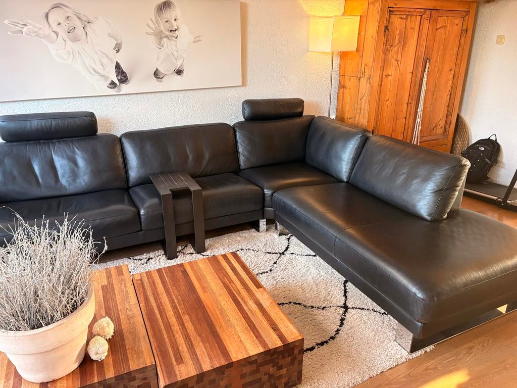 Rolf Benz Zwart Leren Hoekbank - Tijdloos Comfort en Stijl, Huis en Inrichting, Ophalen, Zo goed als nieuw, Leer