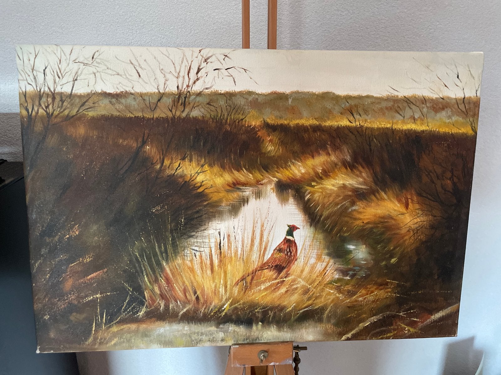 Schilderij Fazant in Landschap - Olieverf op Doek, Doek, Realistisch, Ophalen of Verzenden, Olieverf