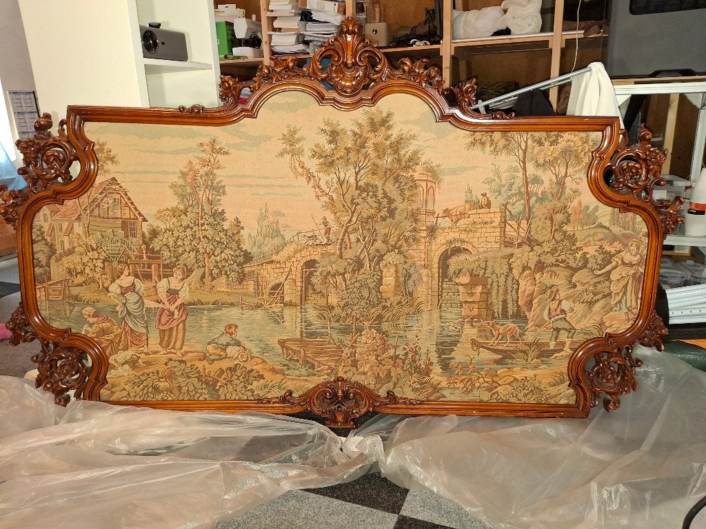 Zeer groot oud gobelin wandtapijt in sierlijst 219  117 cm, Antiek en Kunst, Ophalen