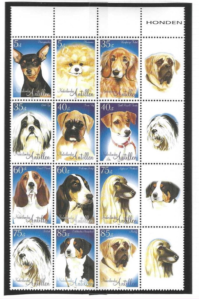 Antillen 1517-1528 16 verschillende Honden in blok jaar 2004, Ophalen of Verzenden, Postfris, Dier of Natuur