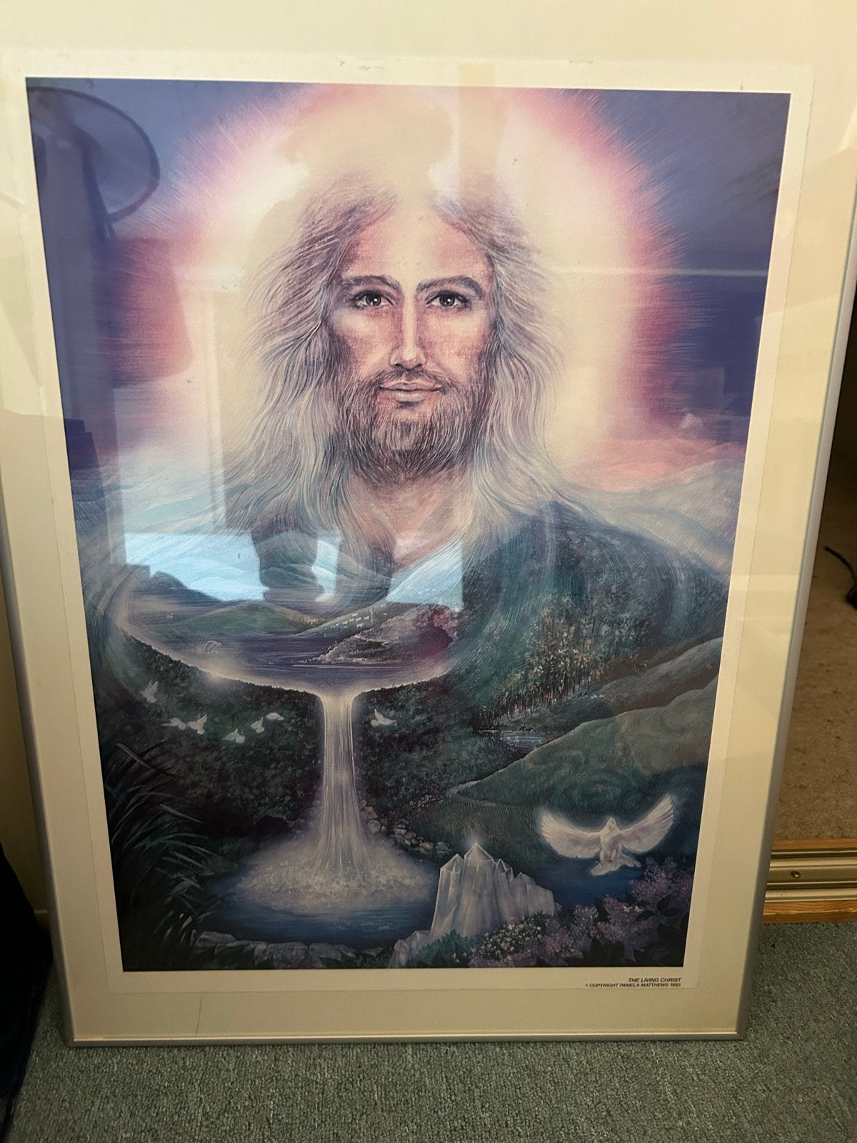 Ingelijste print van Jezus met landschap en waterval, Antiek en Kunst, Ophalen, Portret of Personen, Realistisch, Print