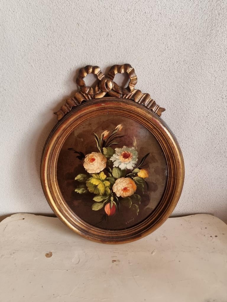 Olieverf schilderij bloemen stilleven striklijst i87, Antiek en Kunst, Curiosa en Brocante, Ophalen of Verzenden