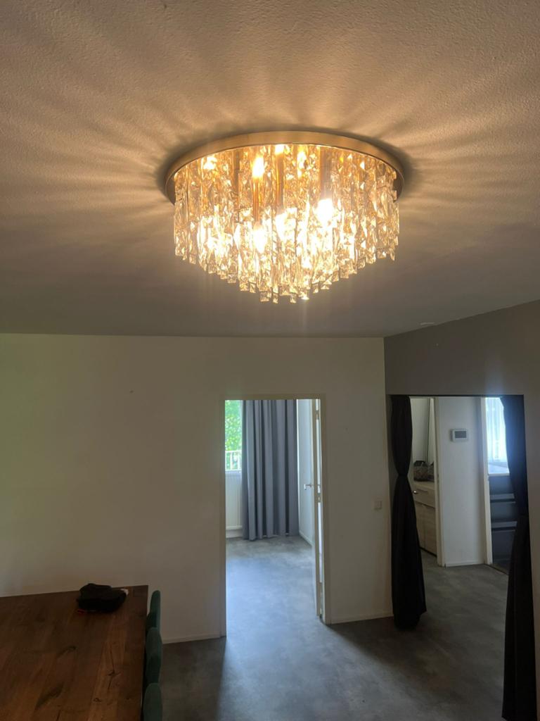 Moderne Plafondlamp met Kristallen Druppels, Huis en Inrichting, Ophalen of Verzenden, Zo goed als nieuw, Glas