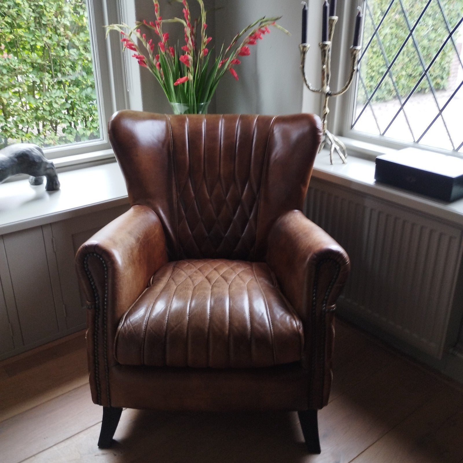 lederen fauteuil ,patchwork lifestyle  cognac kleur, Ophalen, Gebruikt, 75 tot 100 cm, 50 tot 75 cm