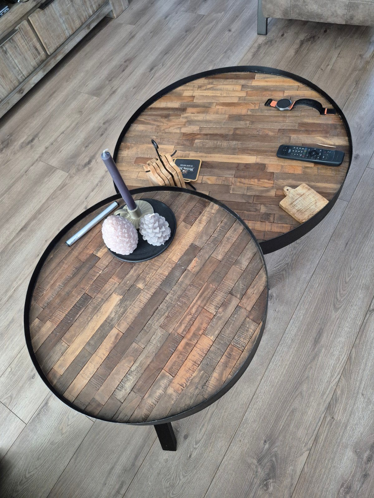 set van 3 salontafels, metaal met mangohout., Ophalen, 50 tot 100 cm, Rond, 50 tot 100 cm