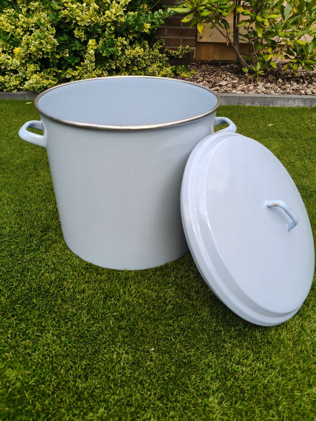 Grote vintage emaille pot met deksel - lichtblauw, Ophalen