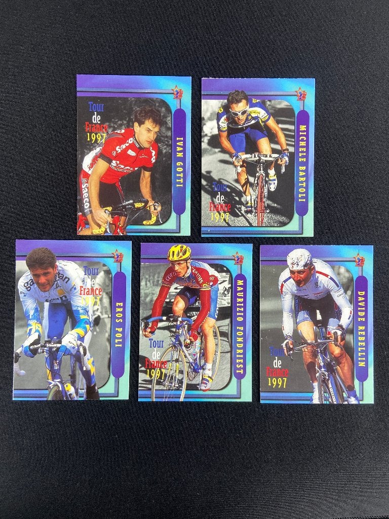 5x Vintage Wielrenkaarten Tour de France 1997 Rebellin, Verzenden, Gebruikt, Overige sporten, Poster, Plaatje of Sticker