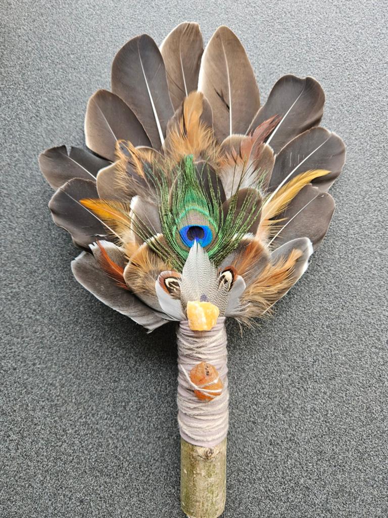 Smudge feathers zonnesteen aventurijn veren waaier reiki, Ophalen of Verzenden