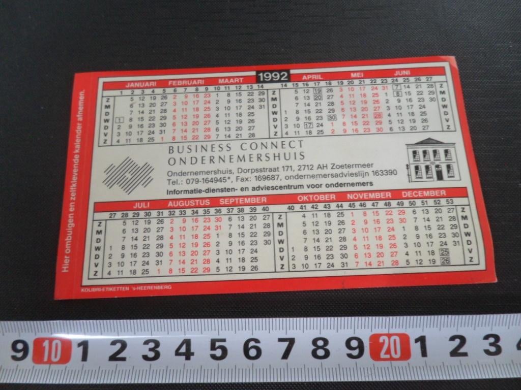 sticker Kalender 1992 Zoetermeer Business Connect Ondernemer, Ophalen, Zo goed als nieuw