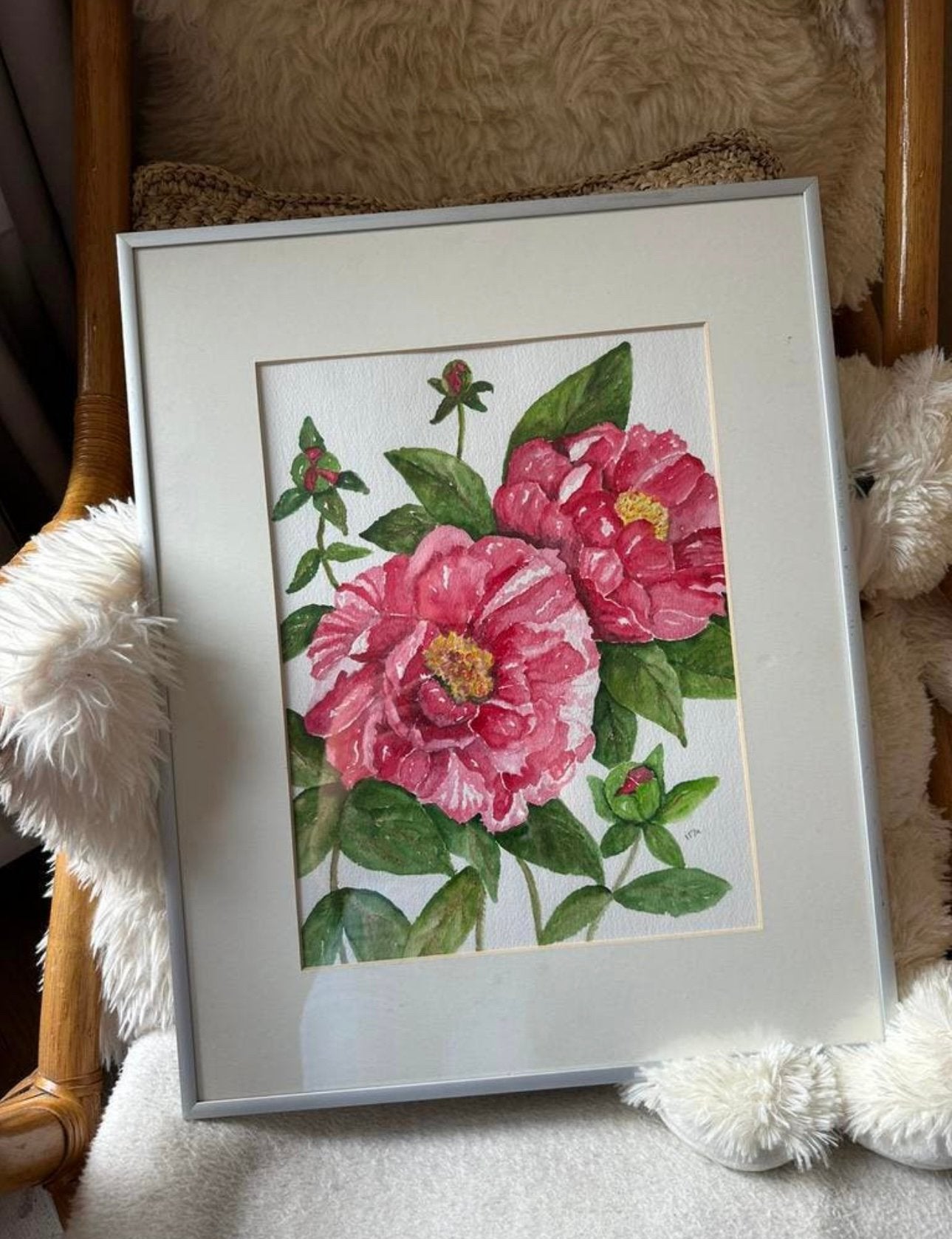 Ingelijst aquarel schilderij van roze pioenrozen, Ophalen of Verzenden
