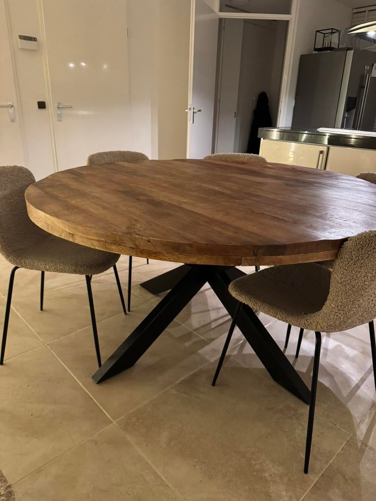 Ronde 150 tafel mangohout, zonder stoelen!, Ophalen of Verzenden, Gebruikt, Rond, 100 tot 150 cm