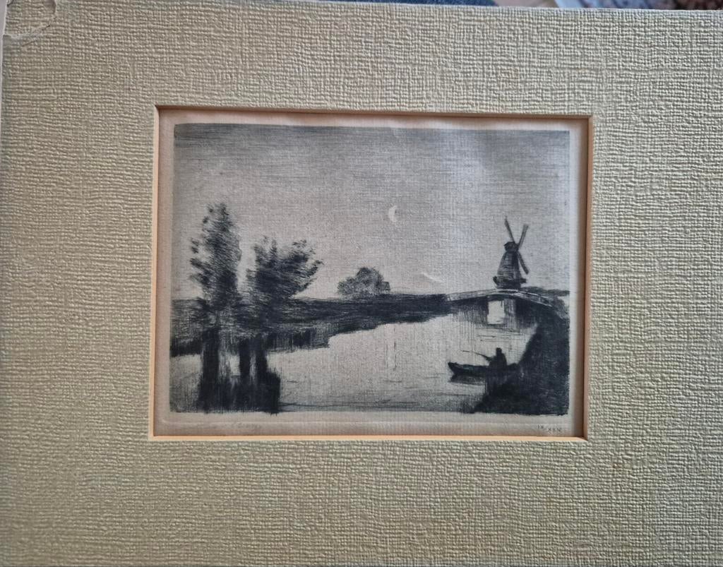 Lesser Ury - Nederlandse Studies - Ets met molen en boot, Antiek en Kunst, Kunst | Etsen en Gravures, Ophalen of Verzenden, Ets