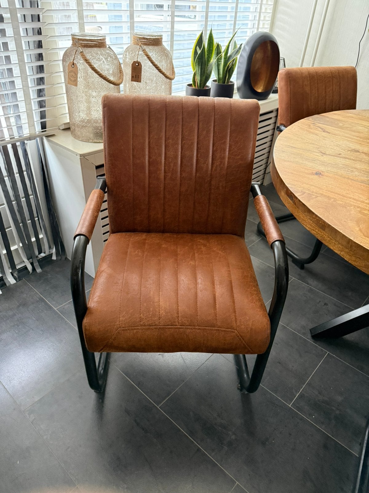 5 cognac industriele stoelen, Huis en Inrichting, Stoelen, Ophalen, Zo goed als nieuw, Bruin, Vijf, Zes of meer stoelen