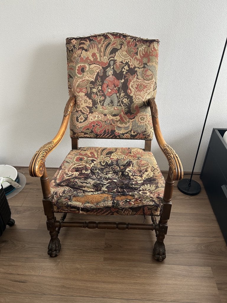 Antieke vintage brocante fauteuil stoel met gobelin, Ophalen