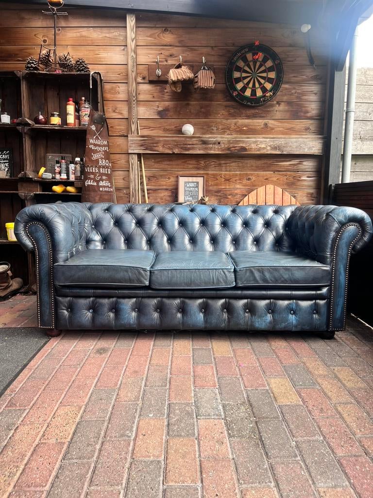 Dikke set chesterfields in jeans blauw, Chesterfield, Driepersoons, Ophalen of Verzenden, Zo goed als nieuw