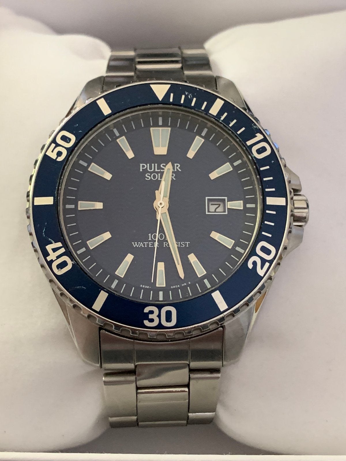 Pulsar by Seiko Solar AS32-X003 – met doos !!, Ophalen, Gebruikt, Staal, Seiko