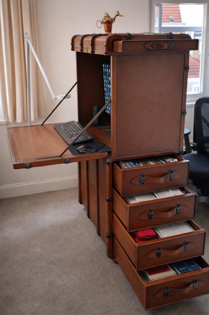 unique vintage trunk desk cabinet wood secretary desk, Huis en Inrichting, Ophalen, Gebruikt, Unique vintage