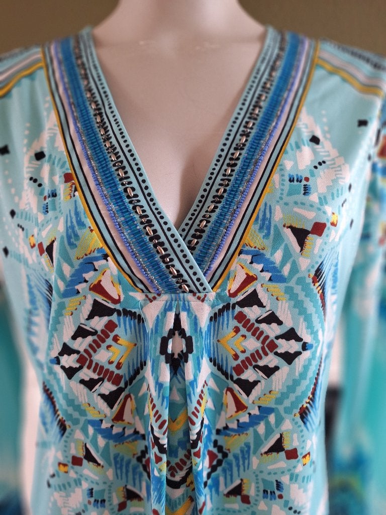 Hale Bob turquoise plaatje van een jurk L, Maat 42/44 (L), Zo goed als nieuw, Knielengte, Hale Bob