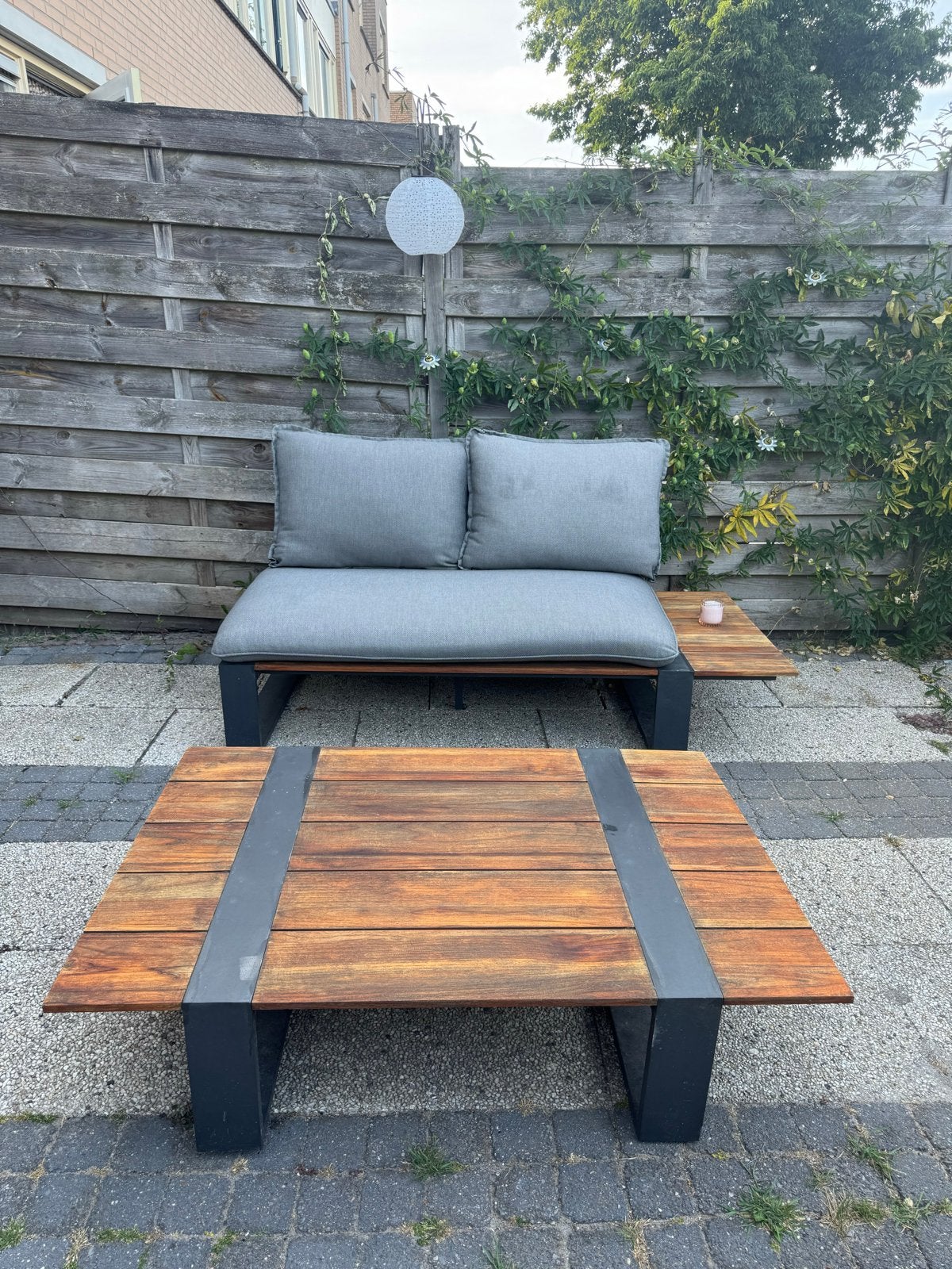 Tierra Outdoor 2-zits lounge bank met salontafel, Gebruikt, Teakhout, Loungeset, Bank