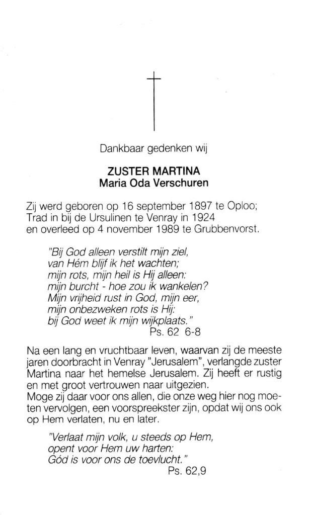 Verschuren Maria Oda Oploo 1897-1989 Grubbenvorst, Verzamelen, Ophalen of Verzenden