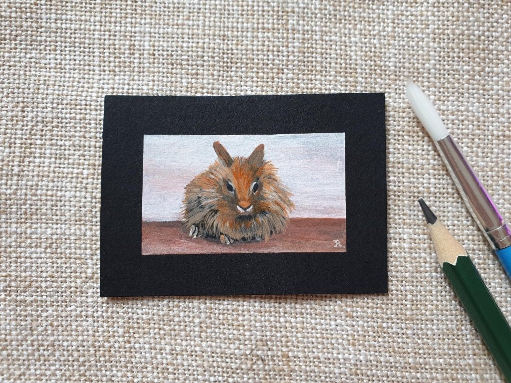 Origineel handgeschilderd miniatuurkunstwerk konijn 5x7 cm, Ophalen, Minder dan 50 cm, Oorspronkelijke maker, Nieuw