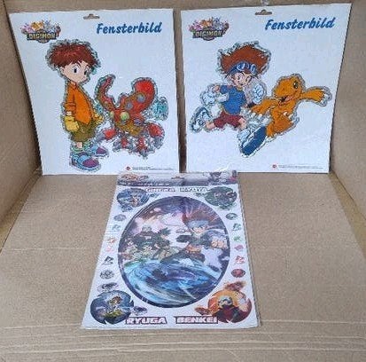 5 grote Digimon en Beyblade raamstickers Japan 34cm x 30cm, Ophalen of Verzenden, Zo goed als nieuw, Strip of Tekenfilm