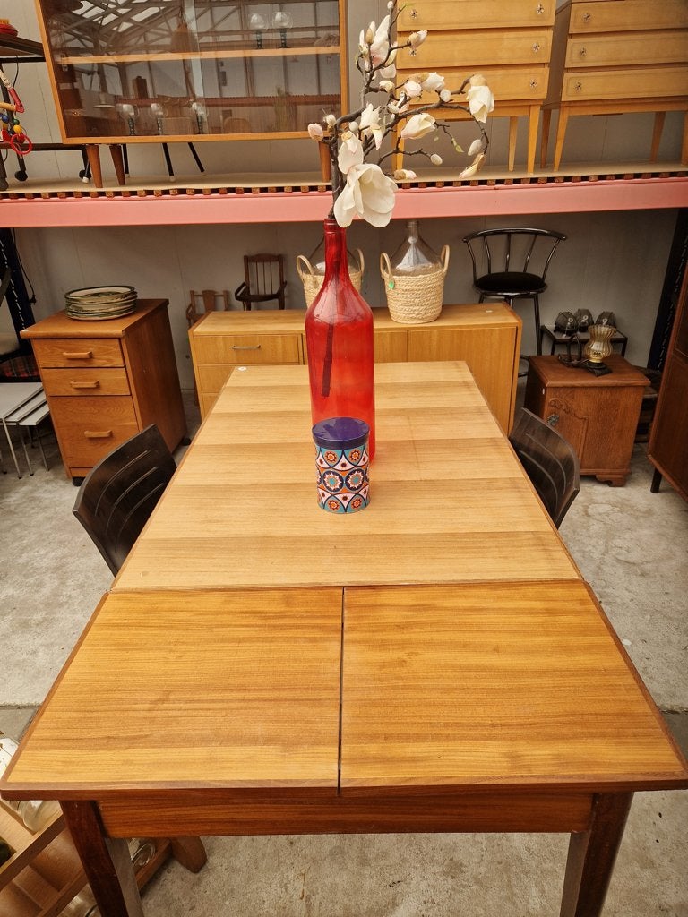 Vintage uitschuiftafel tot 160cm, Teakhout, ., 150 tot 200 cm, Ophalen of Verzenden