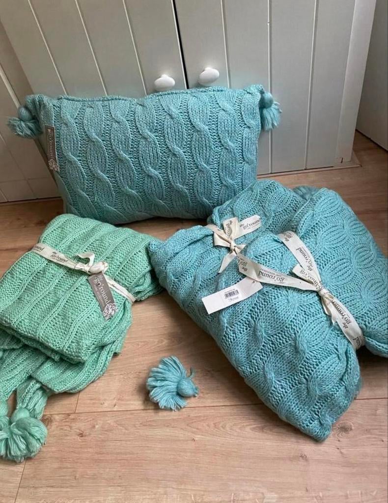 Go'Round kussen en 3 plaids - Nieuw (één kwast defect), Ophalen, Nieuw, Blauw, Rechthoekig