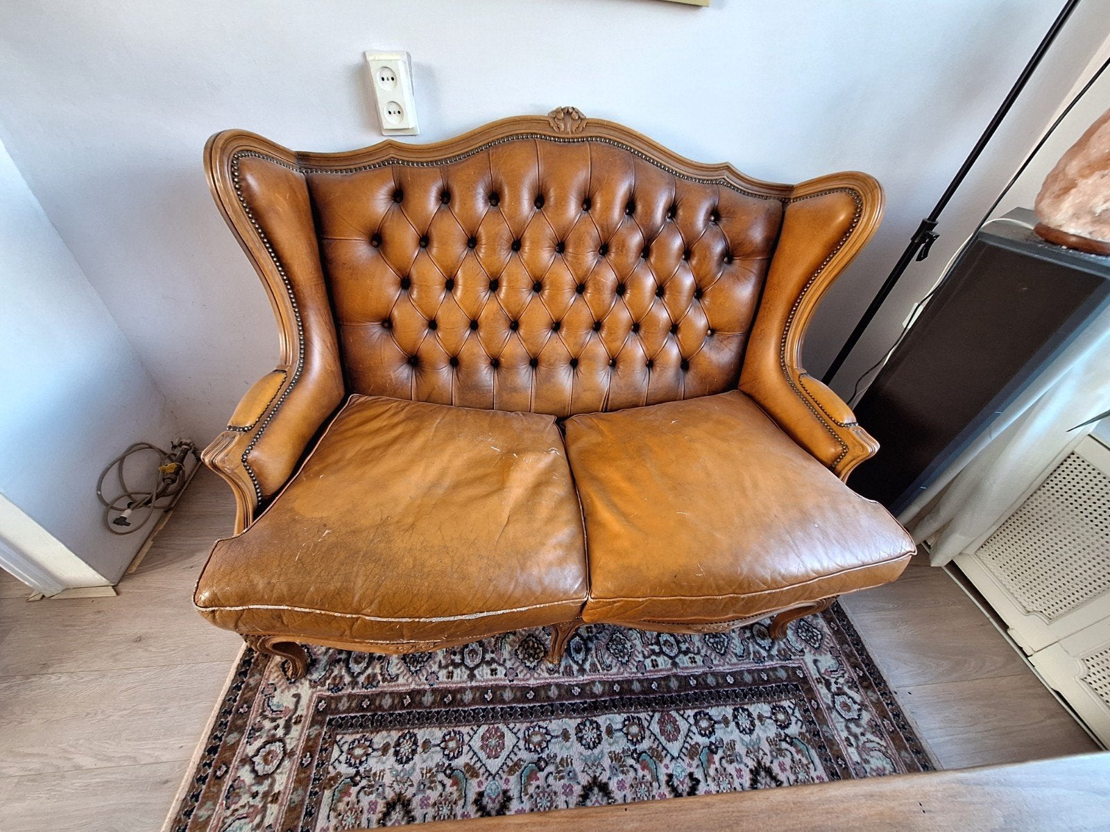 Prachtige vintage leren salonbank – Louis XV / Rococo stijl, Ophalen, Gebruikt, Leer