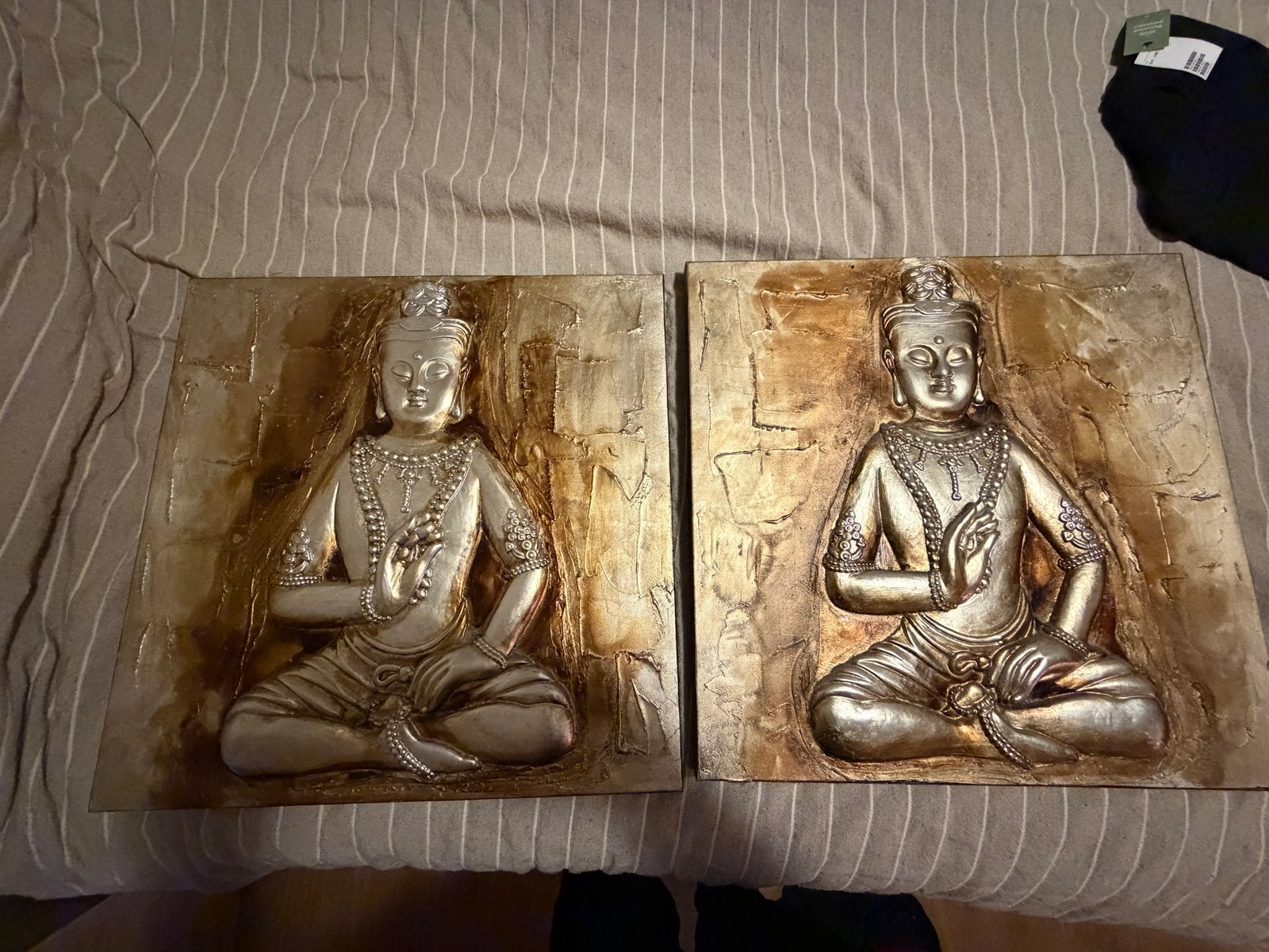 Set van 2 Boeddha wanddecoraties met reliëf, Gebruikt, Ophalen of Verzenden, Meerkleurig, Gouden accenten