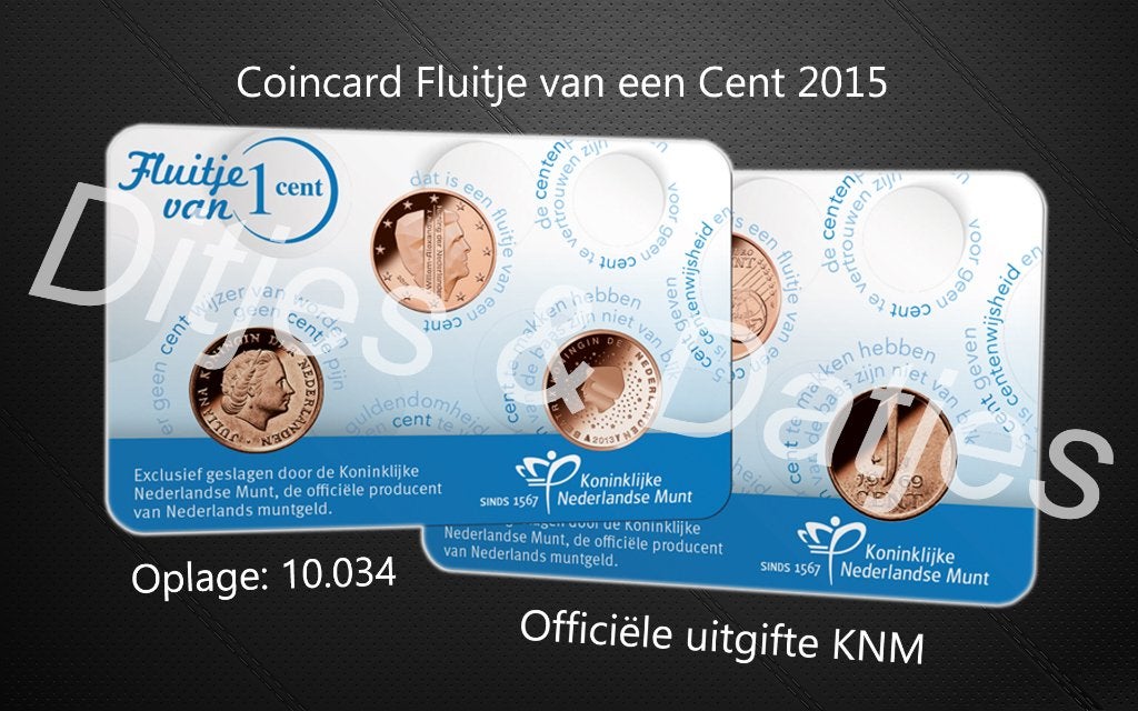Fluitje van een Cent in coincard KNM - BU-KWALITEIT!!!, Ophalen of Verzenden, Koningin Beatrix, 1 cent