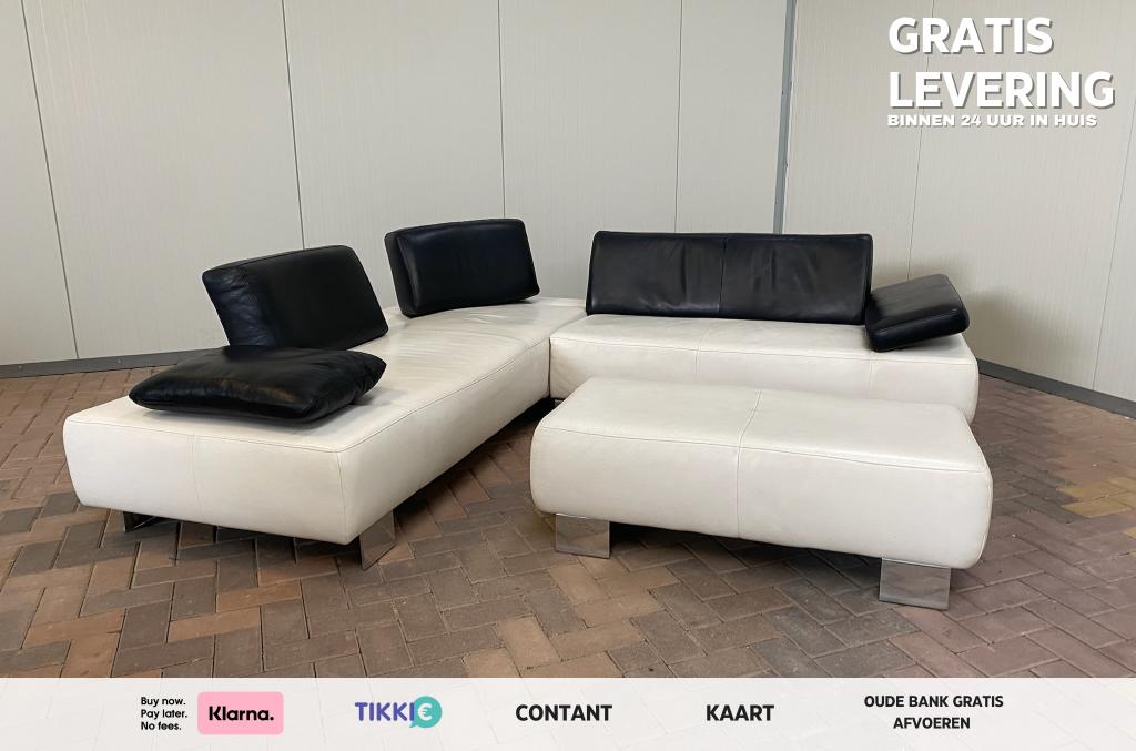 Montèl Witte Leren Hoekbank met Hocker - Gratis Levering, Huis en Inrichting, Banken | Bankstellen, 100 tot 125 cm, Hoekbank, Leer