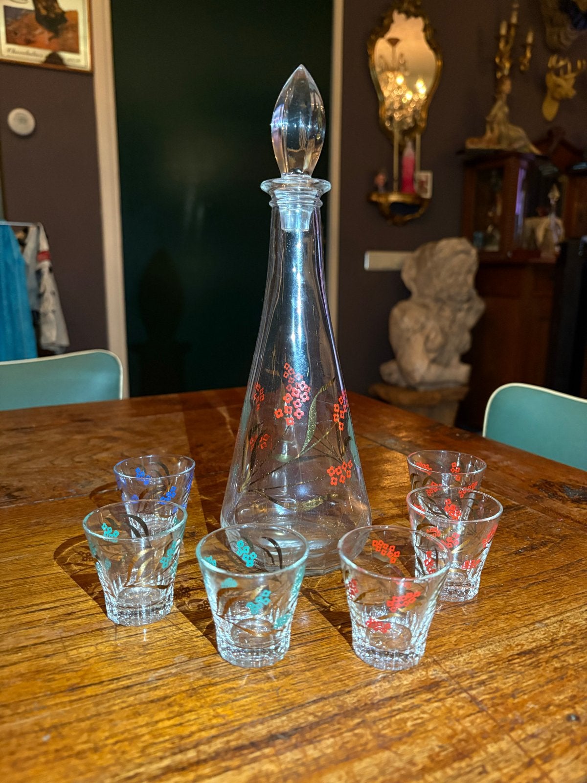 Vintage Karaf met 6 Borrelglaasjes - Bloemenpatroon, Ophalen of Verzenden