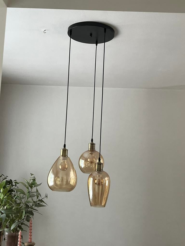 Mooie plafondlamp met amberkleurig glas, Ophalen, Zo goed als nieuw, Glas