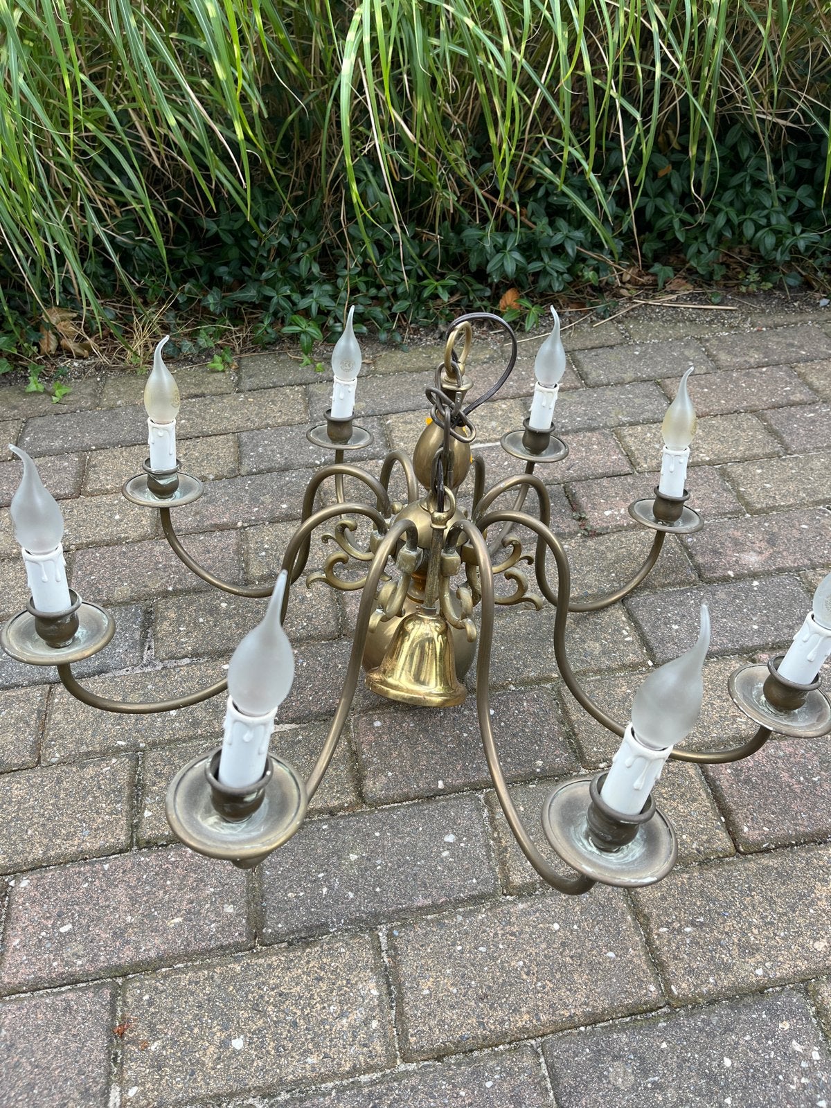 Antieke Koperen Kroonluchter met 8 Lichtpunten, Ophalen, Gebruikt, Metaal, E14 (klein)