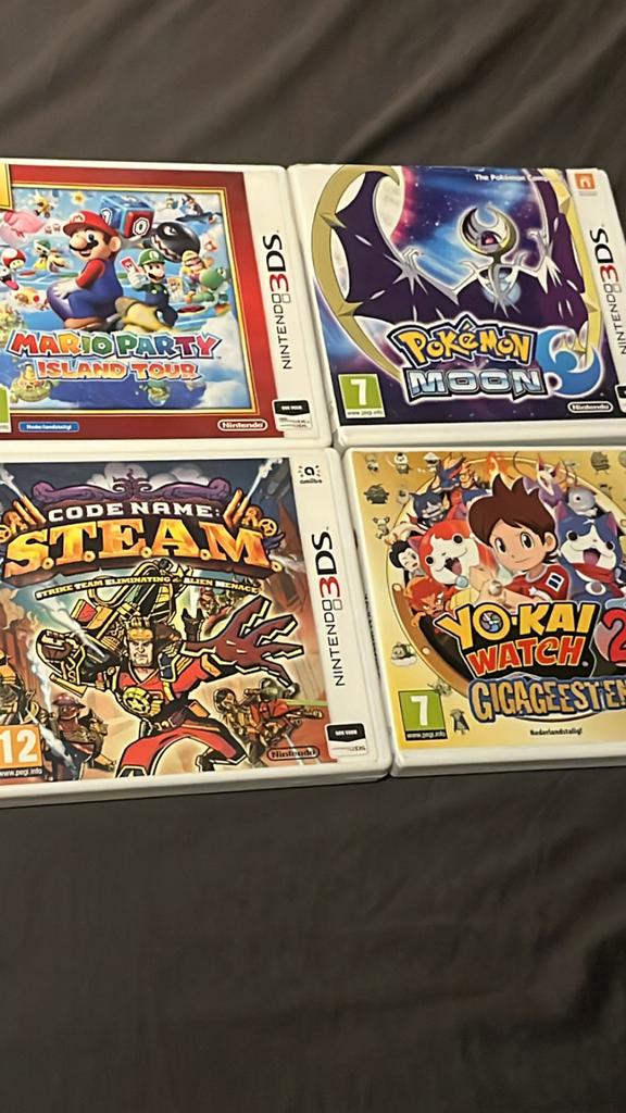 4 Nintendo 3DS games: Pokémon Moon, Yo-kai Watch 2, Mario Pa, Spelcomputers en Games, Games | Nintendo 2DS en 3DS, Gebruikt, Overige genres