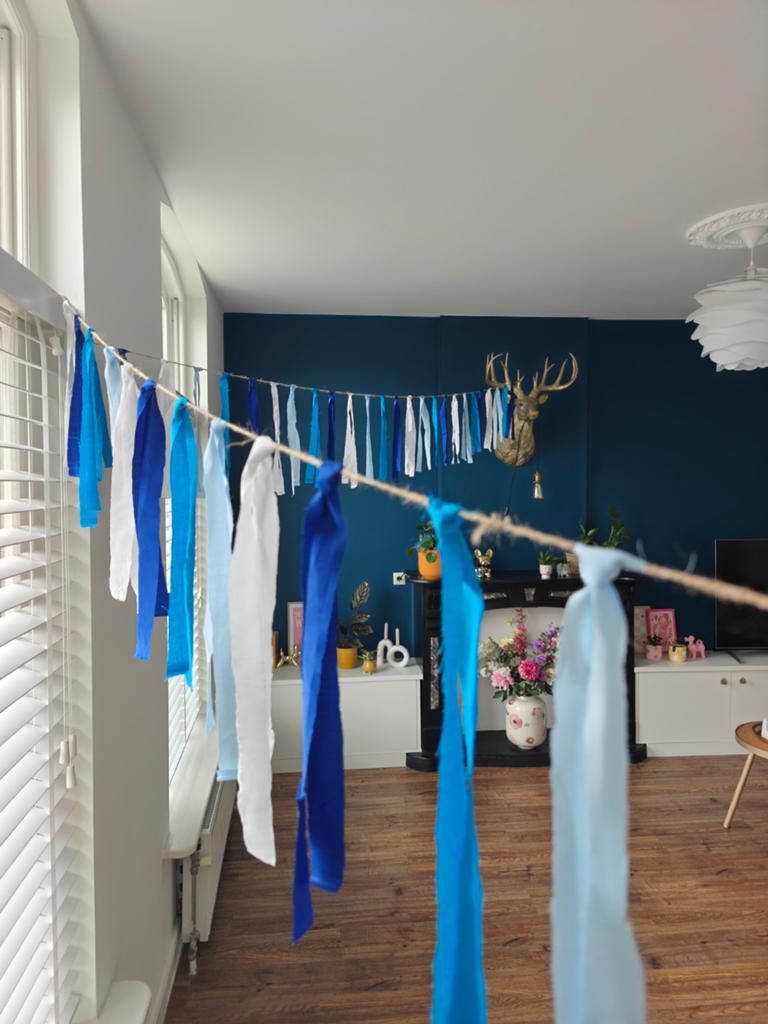 Babyshower slingers, blauw, handgemaakt, Ophalen of Verzenden, Nieuw, Versiering, Verjaardag