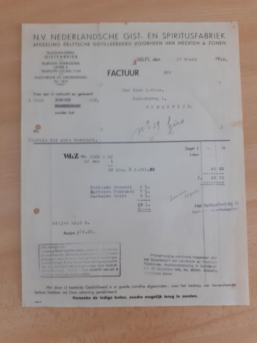 Delft  Nederlandsche Gist- en Spiritusfabriek factuur 1942, Ophalen of Verzenden, Gebruikt, Overige typen