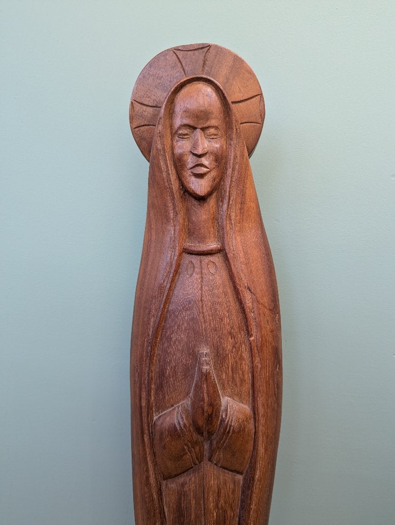 Groot handgesneden houten Mariabeeld 93 cm – kerkbeeld, Houtsnijwerk, Handgemaakt, Hout, Bruin
