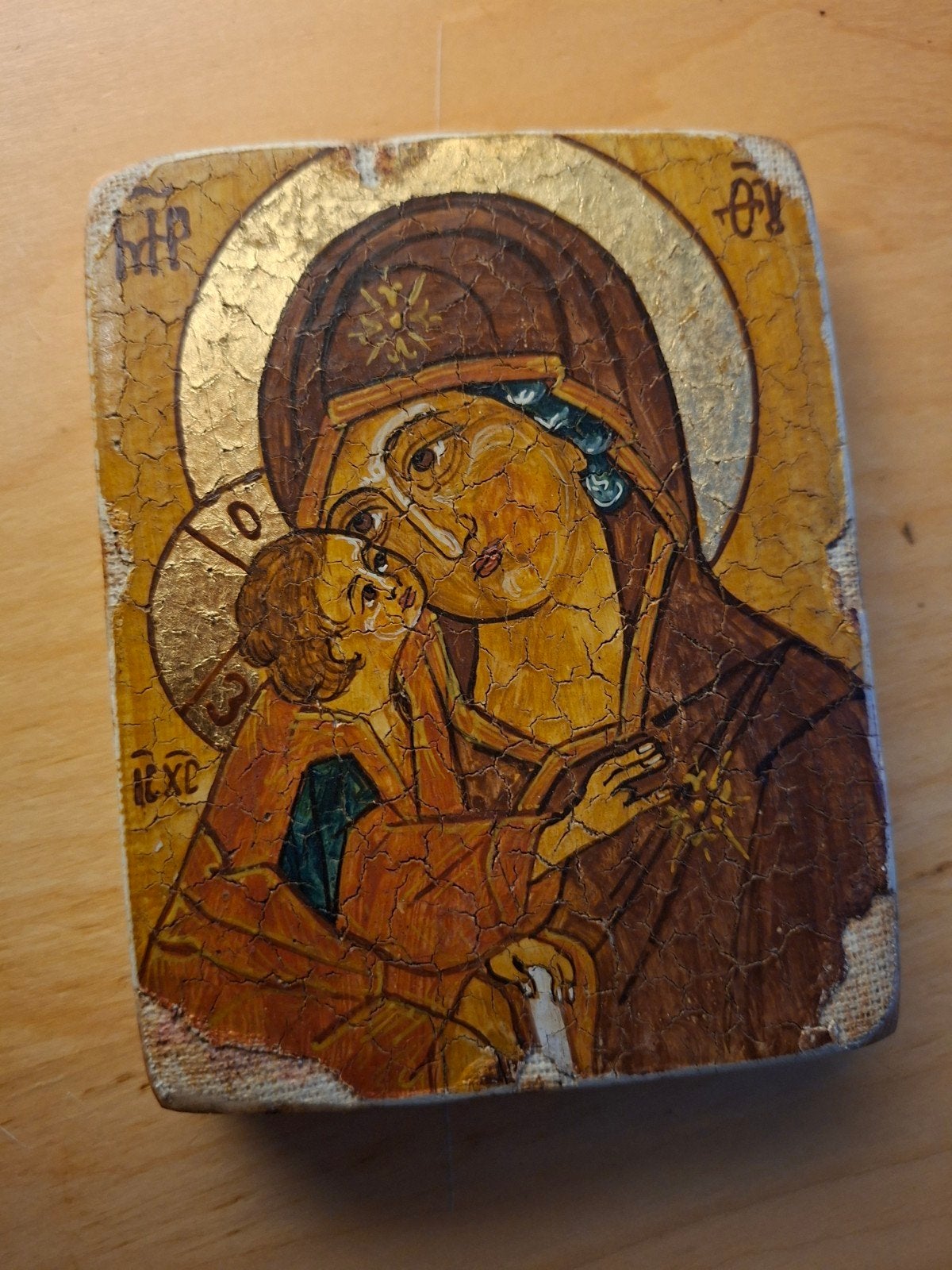 Oude Icoon handgeschilderd. Maria met kind., Ophalen of Verzenden