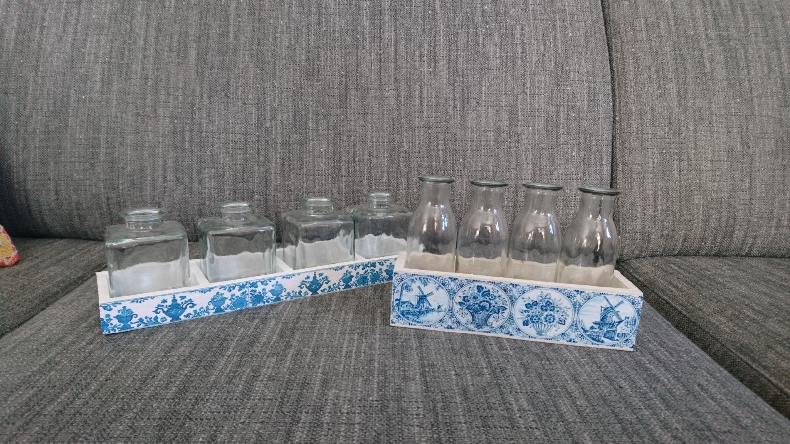 Houten bakjes met vaasjes, blauw wit decoupage, Ophalen of Verzenden