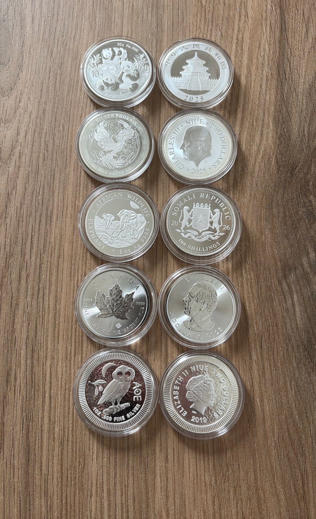 10x 1 ount zilver (lot 2) panda phoenix elephant maple owl, Postzegels en Munten, Ophalen of Verzenden, Zilver